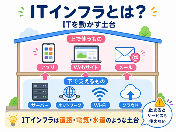 ITインフラはアプリやWebサイトを支える土台であることを示した図解