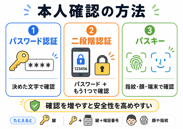 パスワード認証と二段階認証とパスキーの違いを示した図