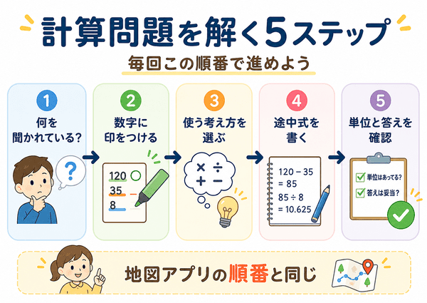 ITパスポートの計算問題を解く5ステップを示した図