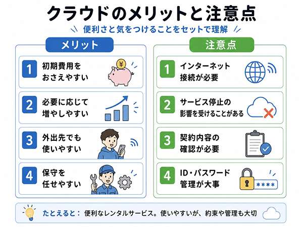クラウドのメリットと注意点を左右で整理した図。費用や使いやすさの利点と、ネット接続やID管理などの注意点を説明している