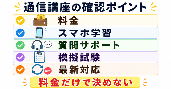 ITパスポート通信講座を料金、スマホ学習、質問サポート、模擬試験、最新対応で確認する図解