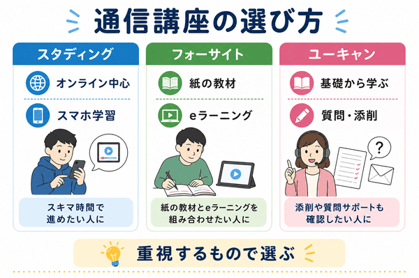 ITパスポート通信講座のスタディング、フォーサイト、ユーキャンをオンライン学習、紙の教材、質問サポートで比較した図解