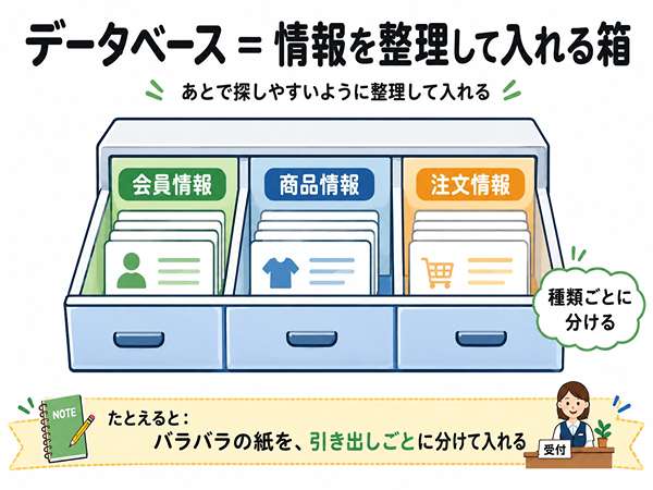 データベースを情報を整理して入れる箱にたとえた図