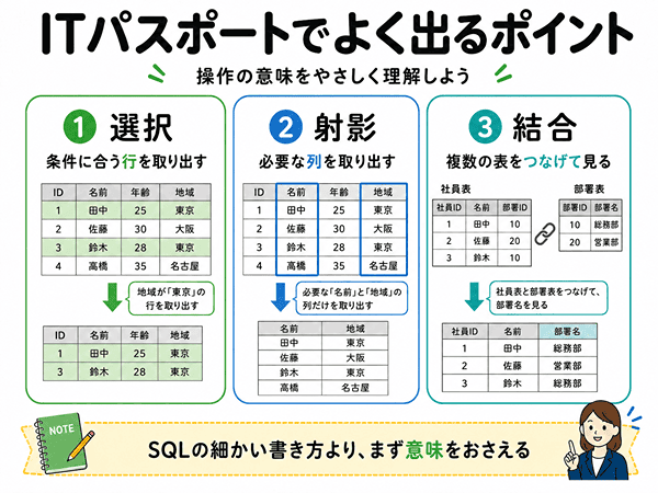 ITパスポートで出る選択と射影と結合の意味を表の例で説明した図