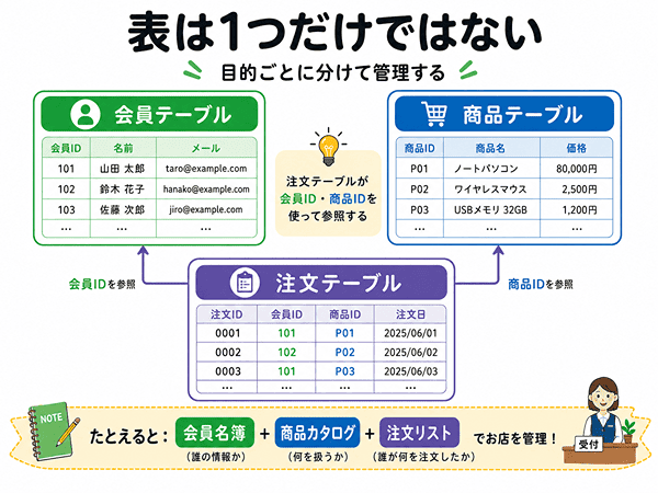 会員テーブルと商品テーブルと注文テーブルを分けて管理する図