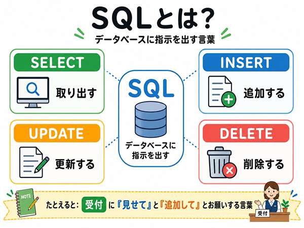 SQLでデータを取り出す追加する更新する削除する操作を示した図