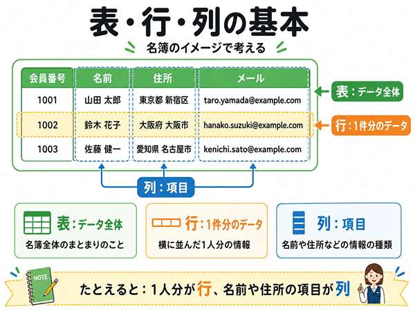 データベースの表と行と列の関係を初心者向けに説明した図