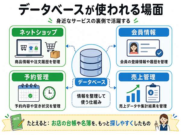 ITパスポートのデータベースがネットショップや会員情報や予約管理で使われる場面を示した図