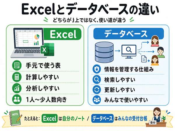 Excelとデータベースの違いを初心者向けに比較した図