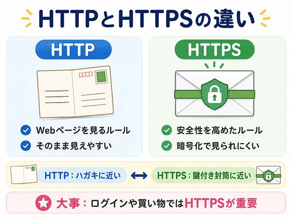 HTTPは通常の通信、HTTPSは暗号化で安全性を高めた通信であることを左右比較で示した図