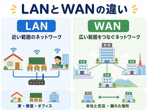 LANは家や教室など近い範囲のネットワーク、WANは離れた拠点をつなぐ広い範囲のネットワークであることを示した図