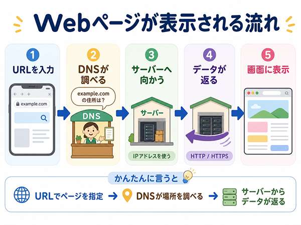 ブラウザでURLを入力してDNSがIPアドレスを調べ、サーバーからWebページが返って表示される流れの図