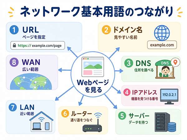 URL、ドメイン名、DNS、IPアドレス、サーバー、ルーター、LAN、WANのつながりを示したネットワーク基本用語の関係図