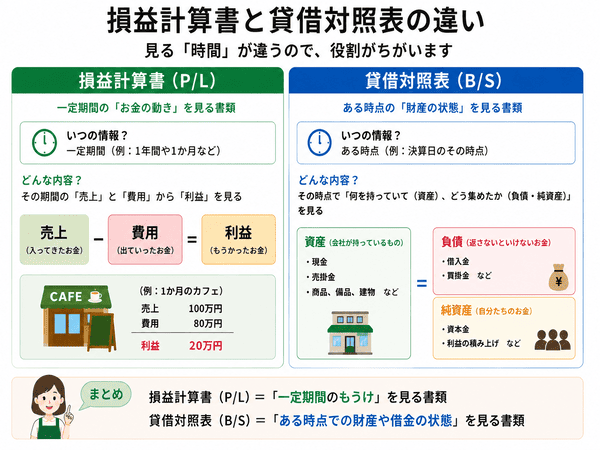 ITパスポートで出る損益計算書と貸借対照表の違いを説明した図