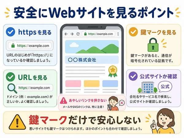 Webサイトを安全に見るためにhttps、鍵マーク、URL、公式サイト確認の4点をチェックする図