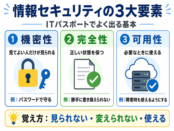 ITパスポートで出る情報セキュリティの3大要素である機密性・完全性・可用性を示した図