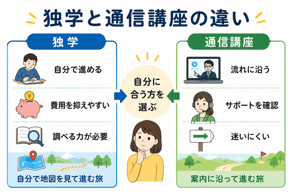 ITパスポートの独学と通信講座の違いを自分で進める学習と流れに沿う学習で比較した図解