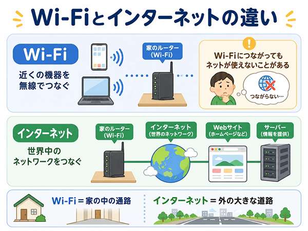 Wi-Fiは機器とルーターを無線でつなぐ仕組みで、インターネットはその先の広いネットワークであることを示した図
