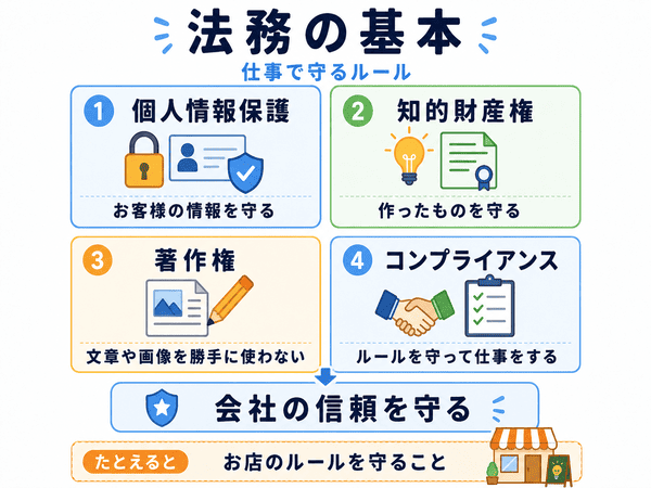 個人情報保護、知的財産権、著作権、コンプライアンスの基本を示した図