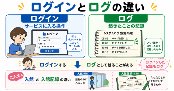 ログインはサービスに入る操作でログは起きたことの記録である違いを説明した図