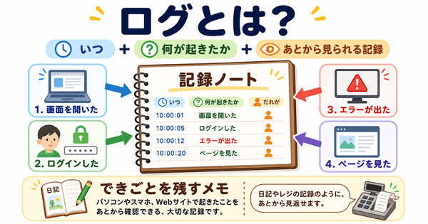 ログとはいつ何が起きたかをあとから確認できる記録であることを説明した図