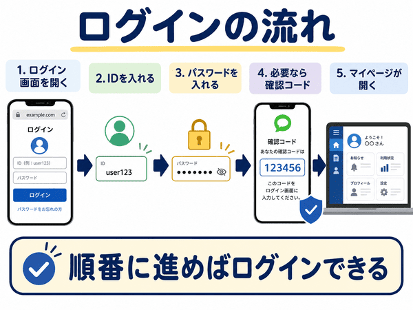 ログイン画面を開いてIDとパスワードを入力しマイページを開く流れを示した図解 理由
