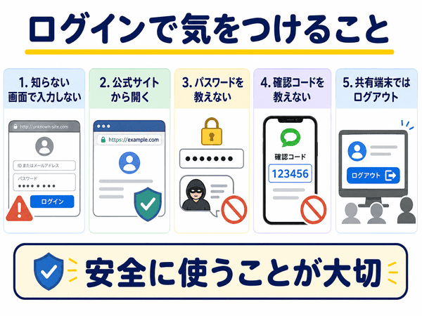 ログイン時に知らない画面で入力しないことや共有端末でログアウトすることを示した図解