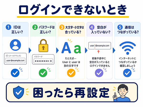 ログインできないときにIDやパスワードや通信環境を確認する流れを示した図解