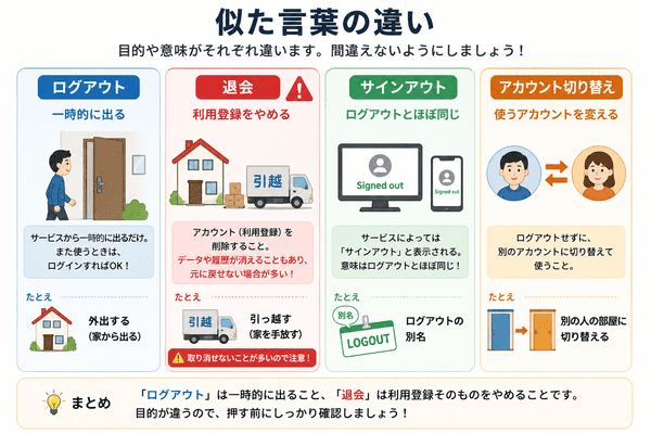 ログアウトと退会とサインアウトとアカウント切り替えの違いを整理した図