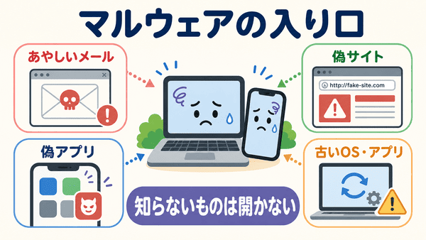 マルウェアがあやしいメールや偽サイトや偽アプリから入る流れを説明した図解