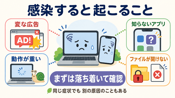 マルウェアに感染したときに起こる変な広告や動作の重さなどの症状を説明した図解