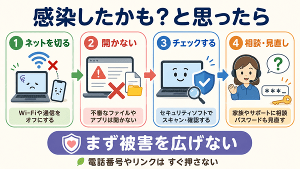 マルウェアに感染したかもしれないときにネットを切って確認する手順を説明した図解