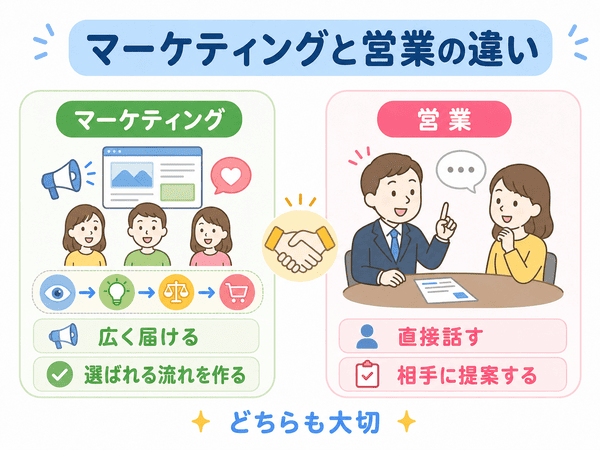マーケティングと営業の違いを、広く届ける活動と直接提案する活動で比較した図