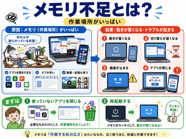 メモリ不足でパソコンやスマホの動きが重くなる理由を説明した図解