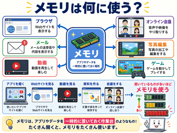 アプリやWebサイトを開くとメモリが使われることを説明した図解