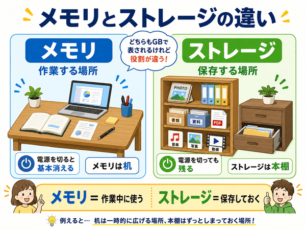 メモリは作業する場所でストレージは保存する場所であることを机と本棚で比較した図解