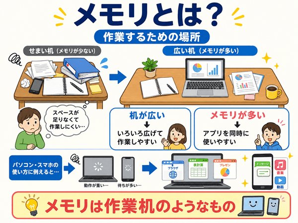 メモリは作業机のようにアプリを動かすための場所であることを説明した図解