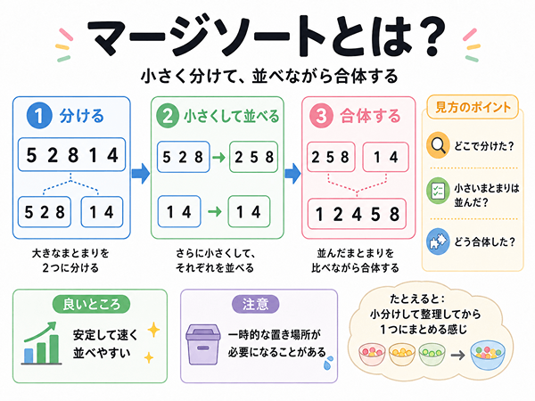 マージソートの流れを初心者向けに示した図解