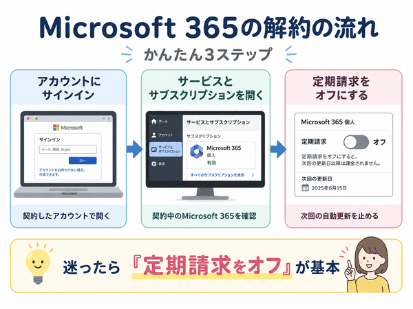 Microsoft 365の解約手順を3ステップで示した図