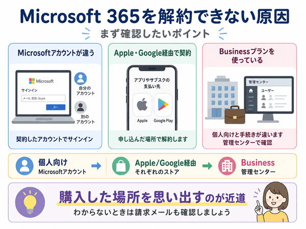 Microsoft 365を解約できないときに確認するアカウントや購入経路の違い
