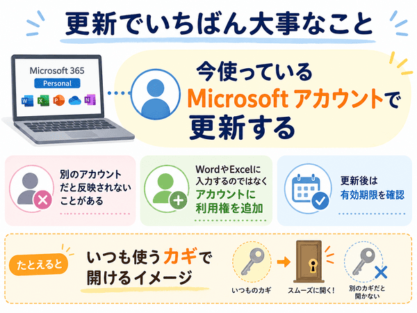 Microsoft 365 Personalの更新では今使っているMicrosoftアカウントで手続きすることが大切だと分かる図解