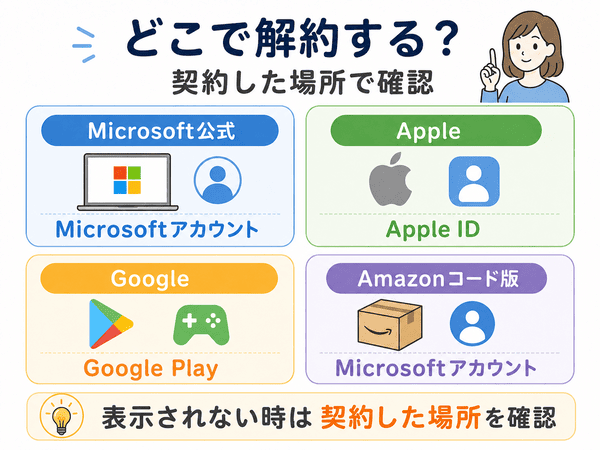 Microsoft 365をMicrosoft公式、Apple、Google、Amazonコード版のどこで解約するか契約先別に確認する図解