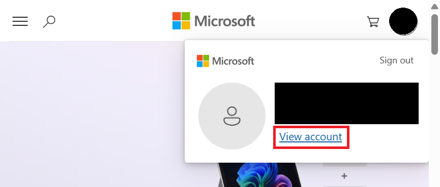 MicrosoftアカウントのView accountメニュー