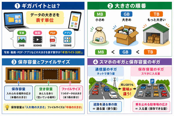 スマホの通信量のギガと保存容量のギガの違いを道路と駐車場で説明した図解