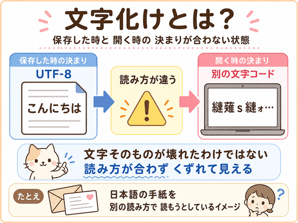 文字化けは保存時と開く時の文字コードが合わないことで起きると説明した図解