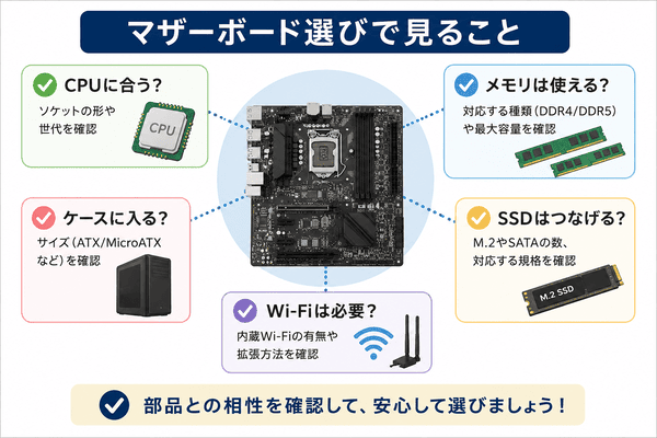 マザーボード選びでCPUやメモリやSSDやケースとの相性を確認する図解