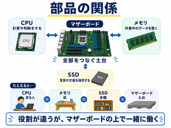 マザーボードとCPUとメモリとSSDの関係を初心者向けにまとめた図解