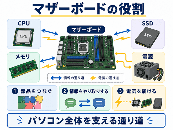 マザーボードが部品をつなぎ情報や電気の通り道になることを示した図解