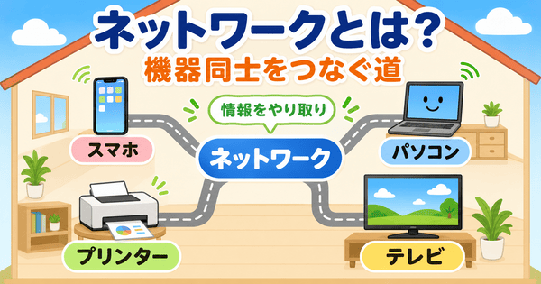 ネットワークとはスマホやパソコンなどの機器同士をつなぐ道であることを説明した図解