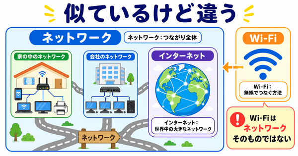 ネットワークとインターネットとWi-Fiの違いを初心者向けに説明した図解